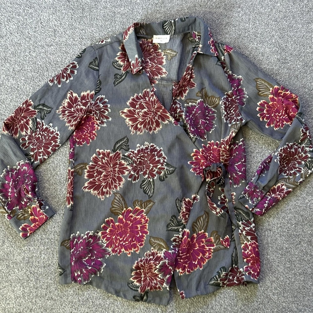 Emelia‎ Blouse Womens Medium Gray Floral Wrap Front Tie Tunic Top Long Sleeve